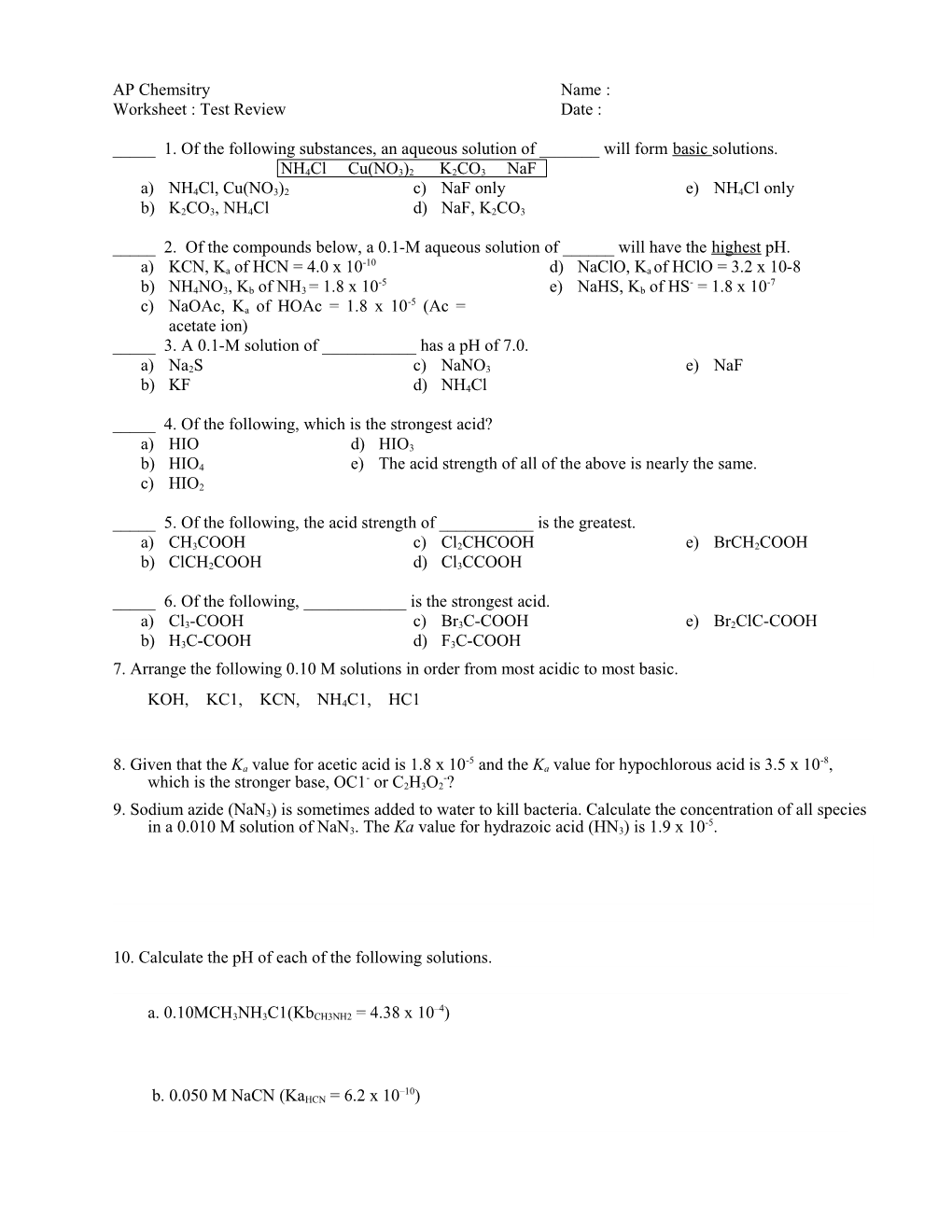 Worksheet : Test Review Date