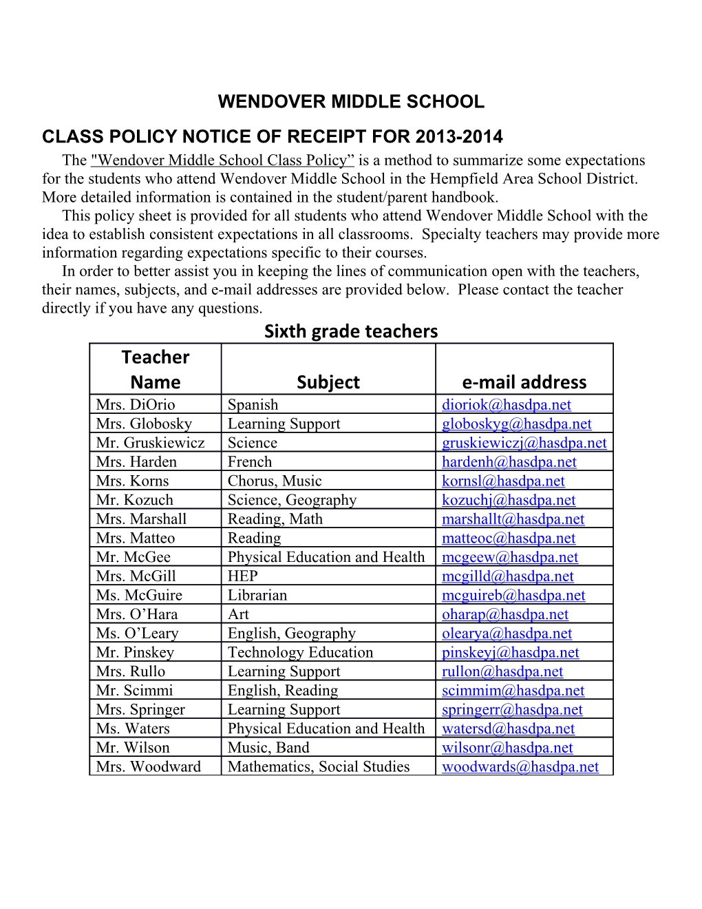 Class Policy Notice of Receipt for 2013-2014