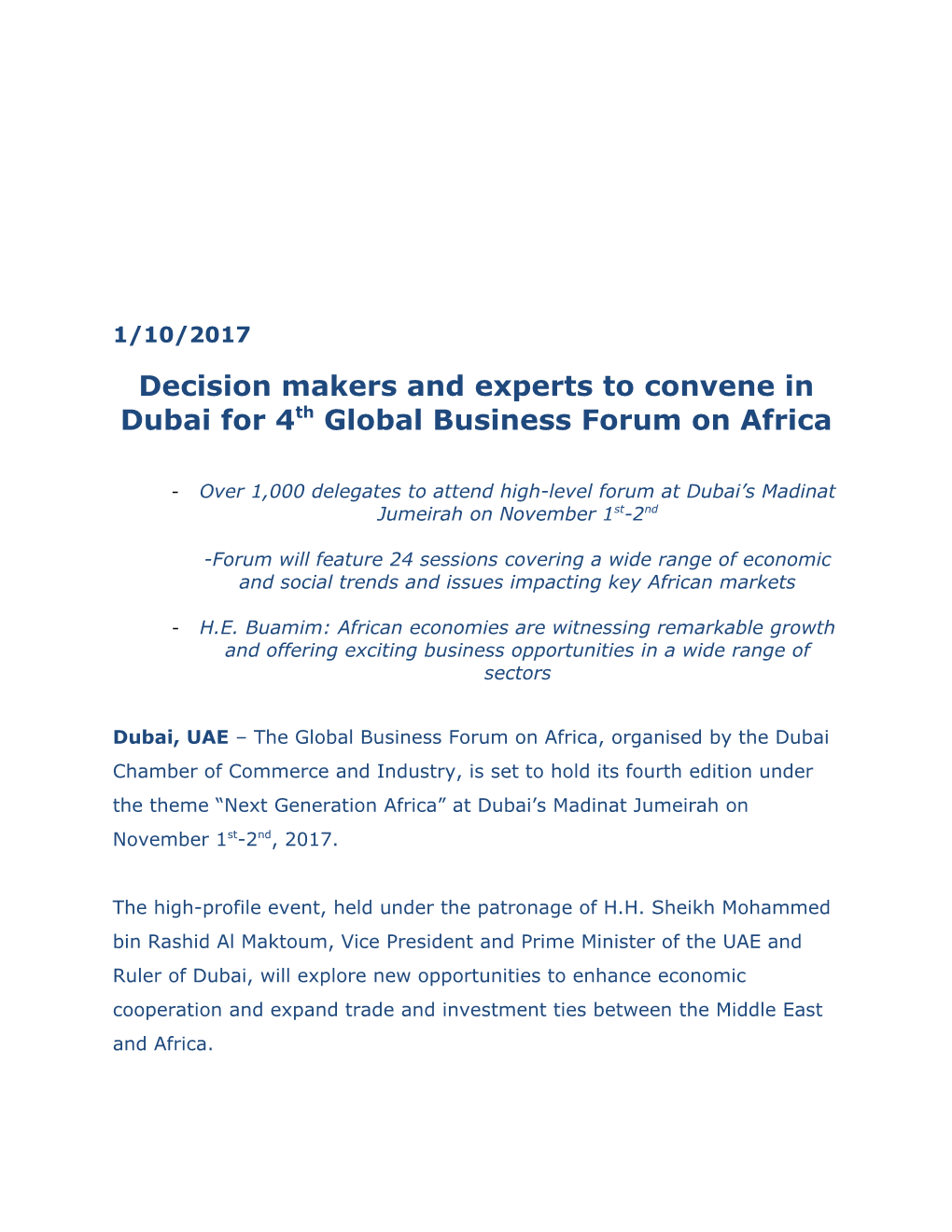 Decision Makers and Experts to Convene in Dubai for 4Th Global Business Forum on Africa