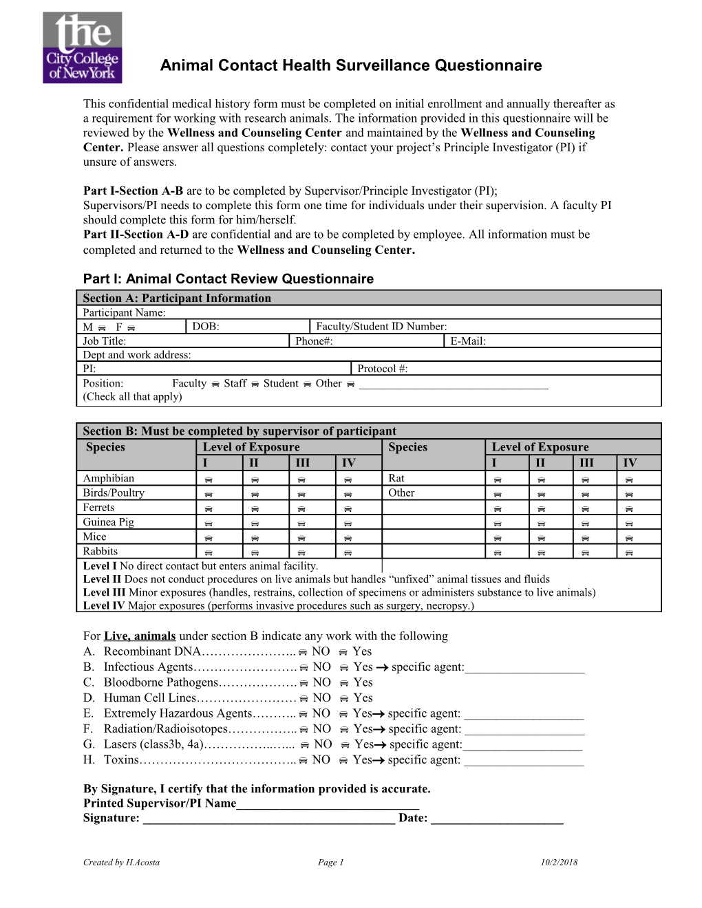 Animal Contact Health Surveillance Questionnaire