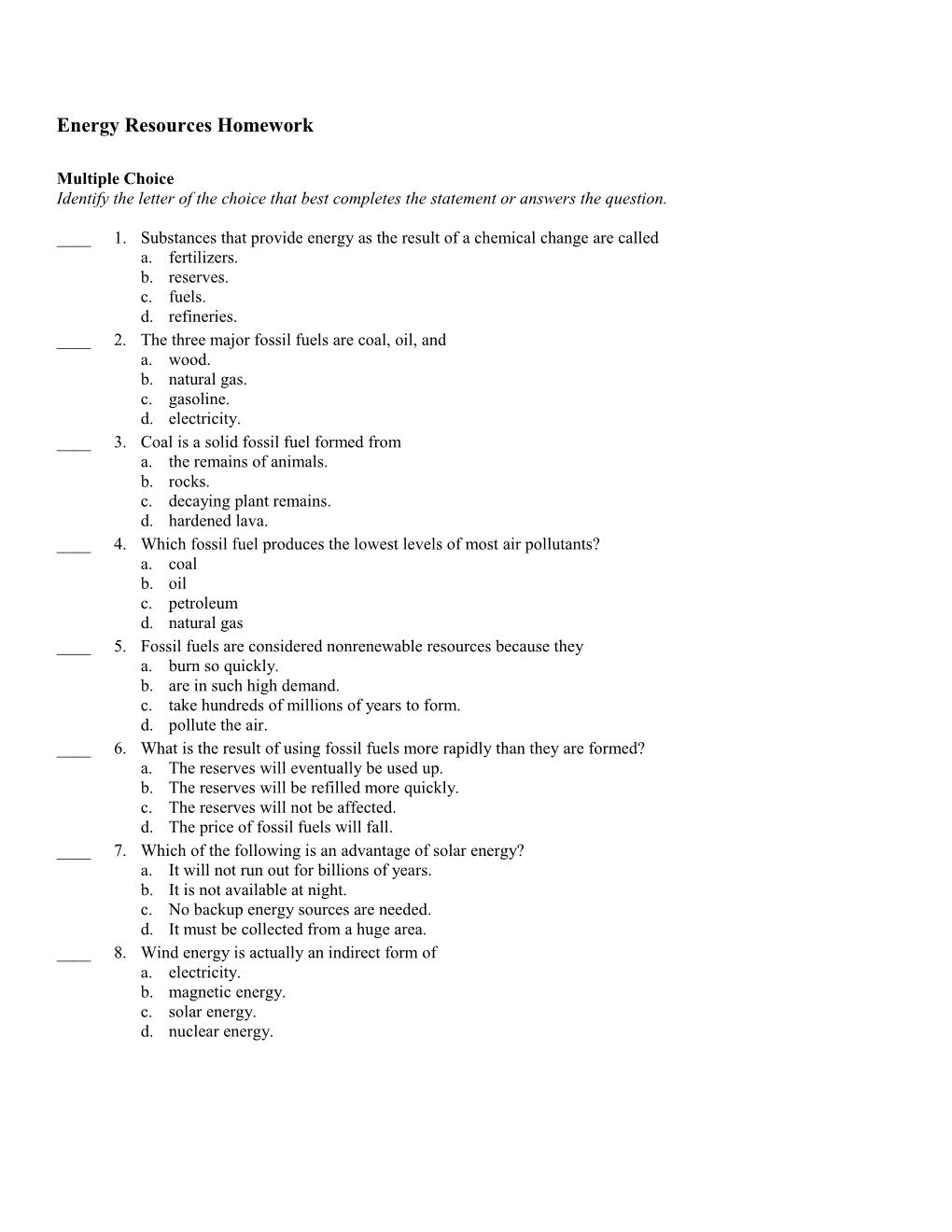 Energy Resources Homework