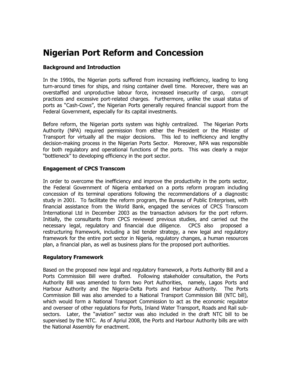 Nigerian Port Reform and Concession