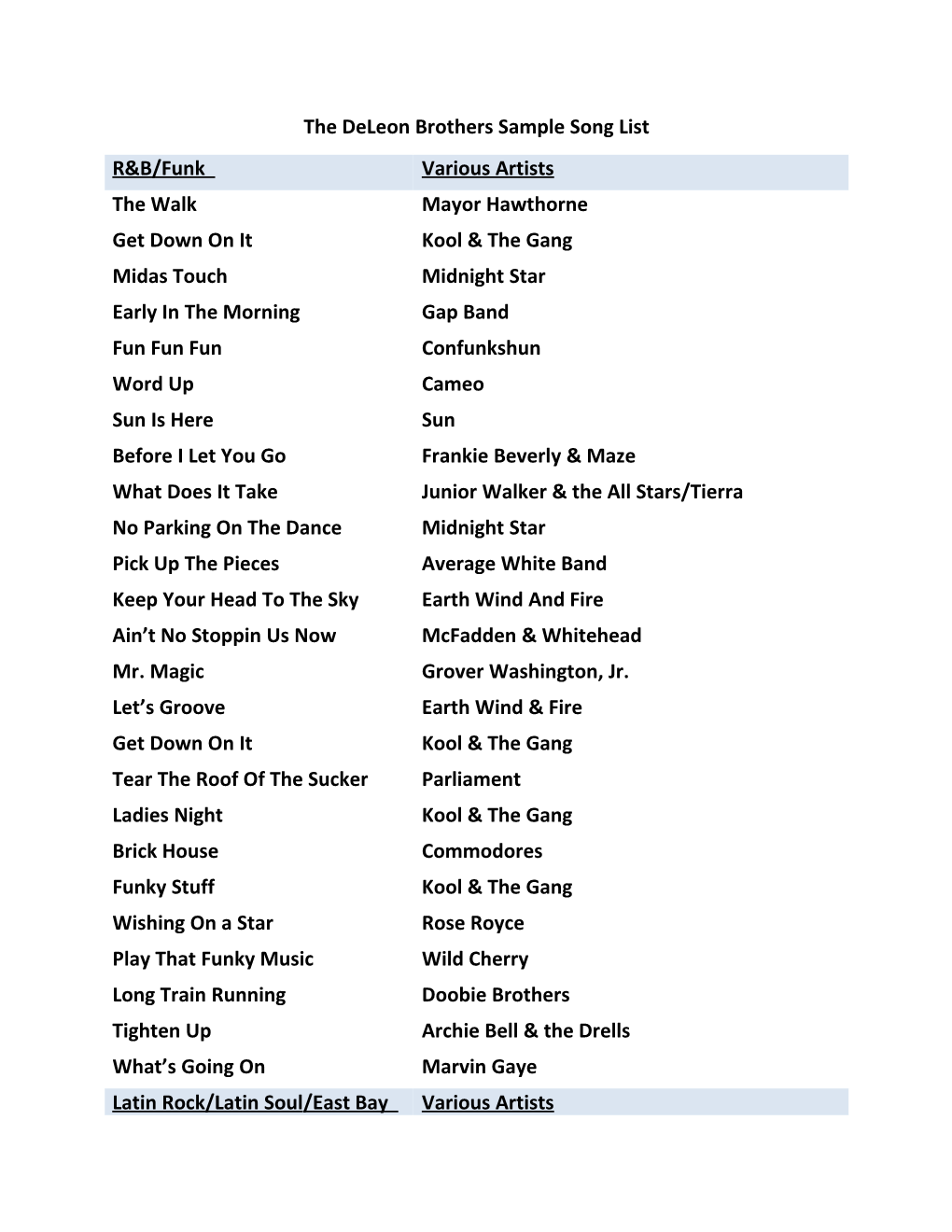 The Deleon Brothers Sample Song List