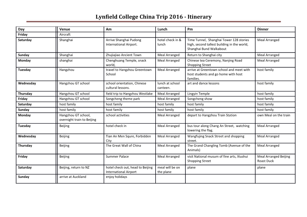 Lynfield College China Trip 2016 - Itinerary