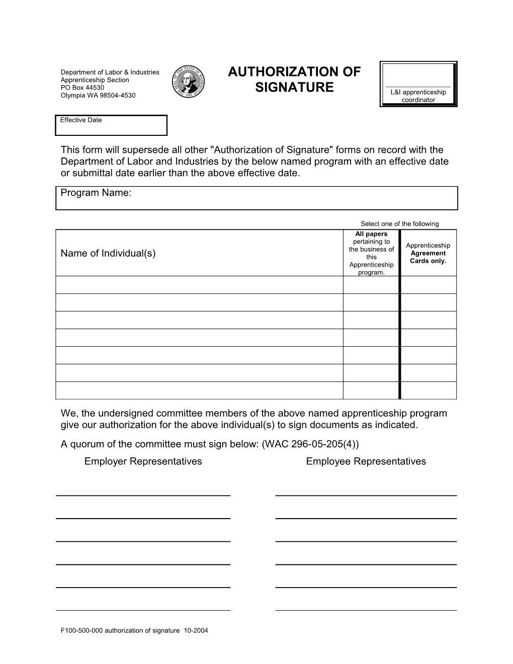 F100-500-000 Authorization of Signature