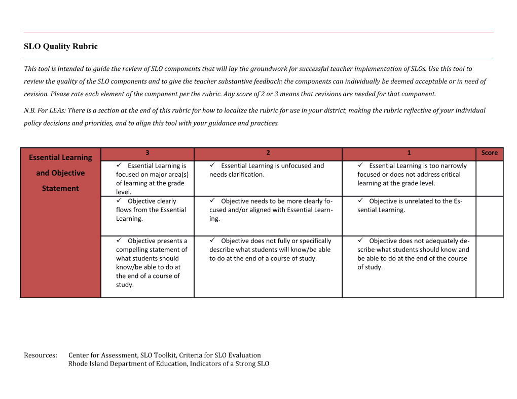 SLO Quality Rubric