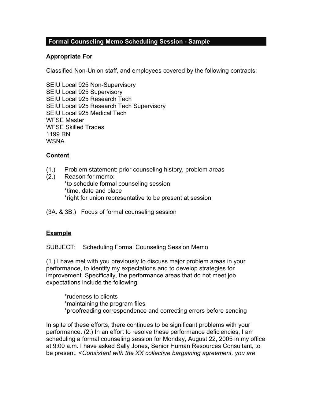 Formal Counseling Memo Scheduling Session - Sample
