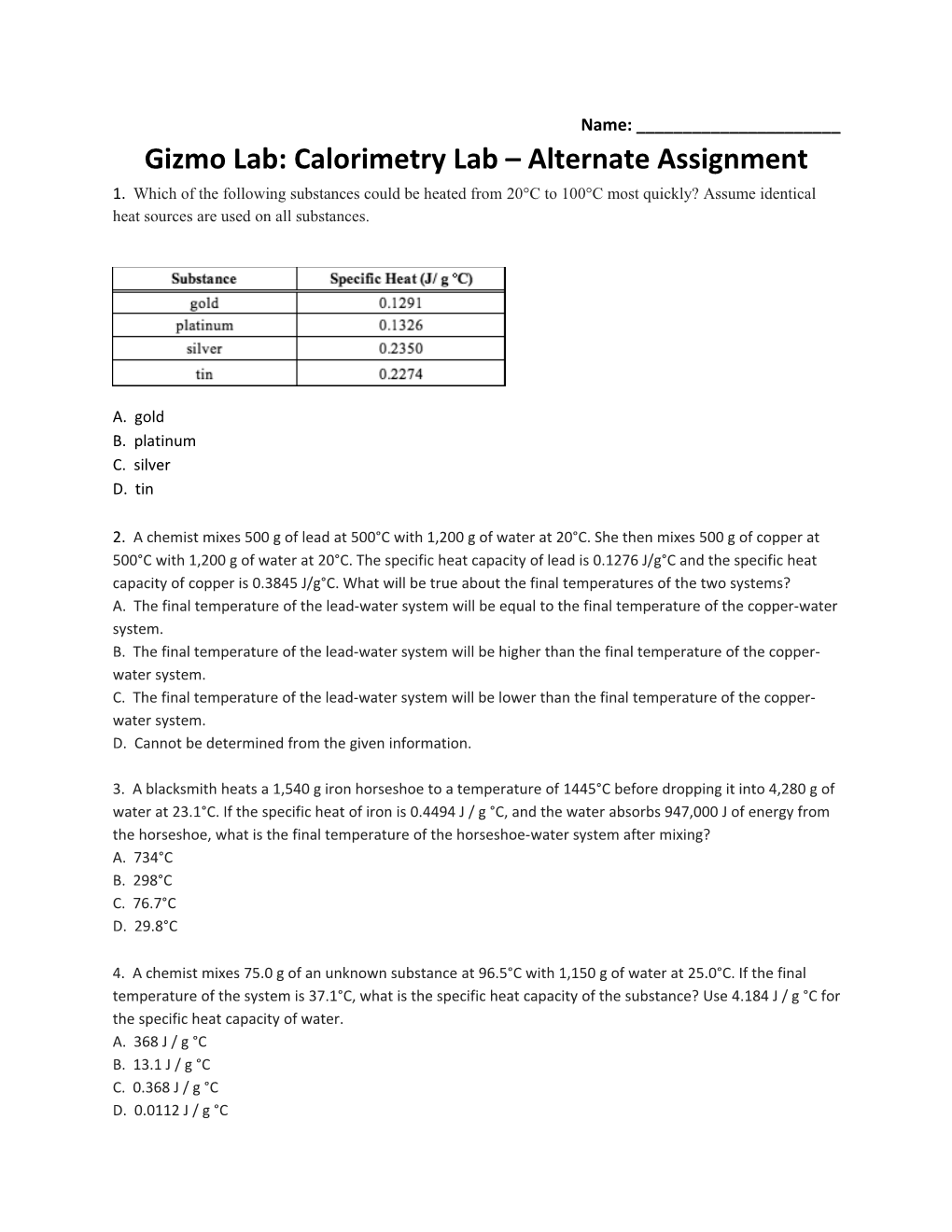 Gizmo Lab: Calorimetry Lab Alternate Assignment