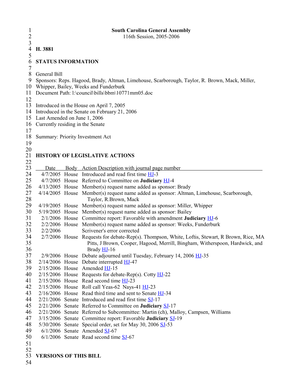 2005-2006 Bill 3881: Priority Investment Act - South Carolina Legislature Online