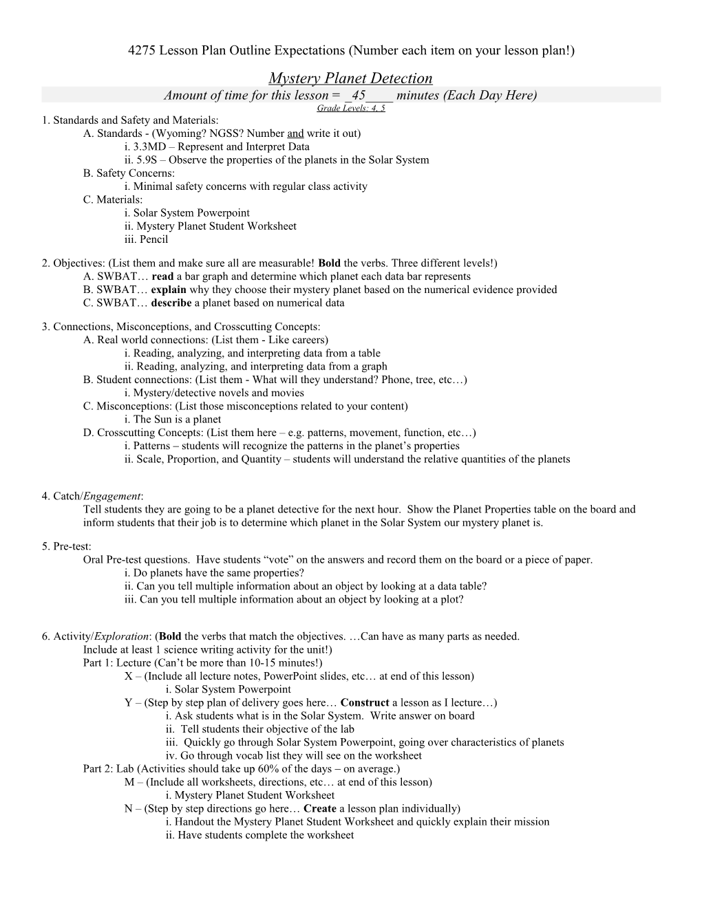 4275 Lesson Plan Outline Expectations (Number Each Item on Your Lesson Plan!)
