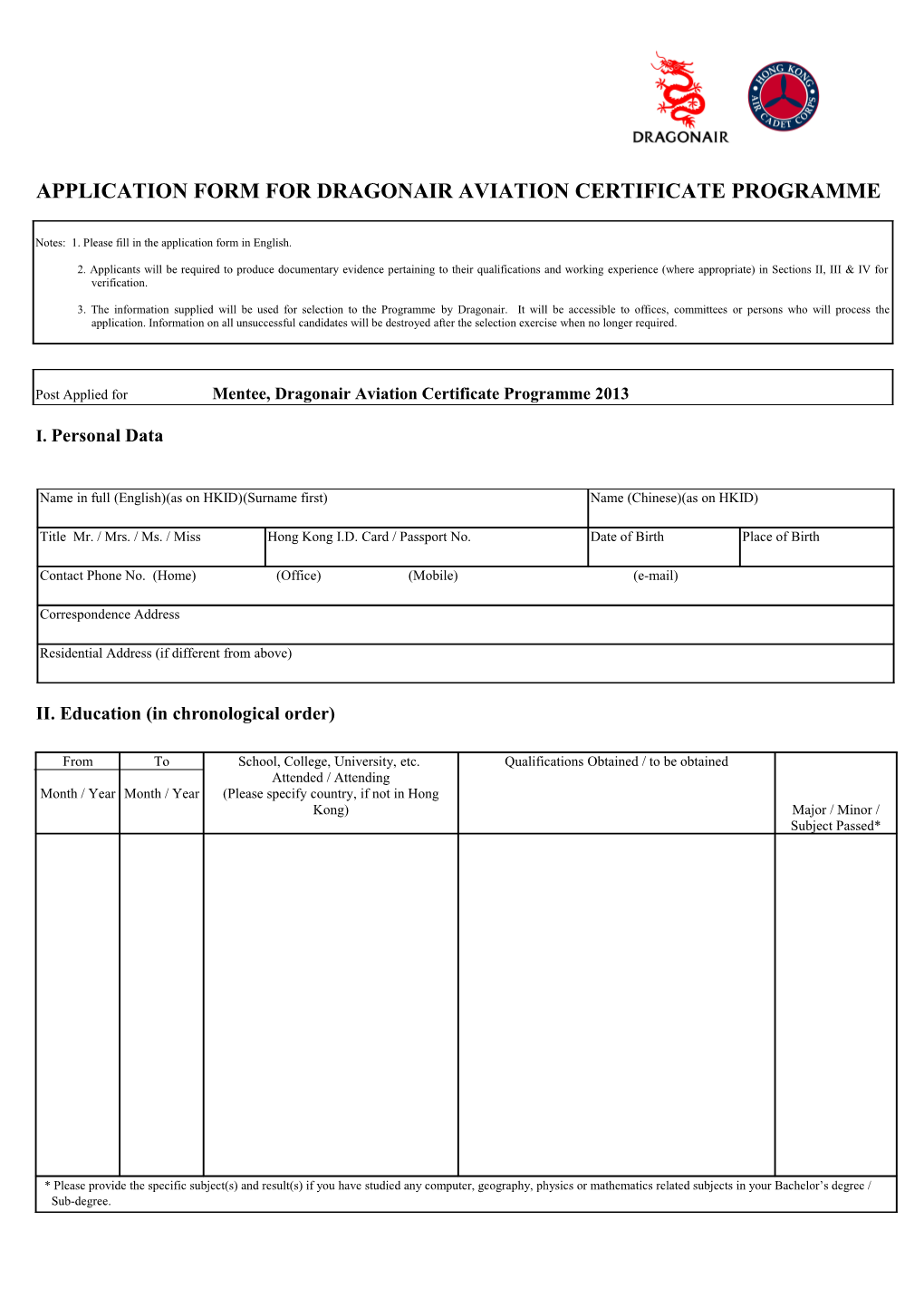 Application Form for Dragonair Aviation Certificate Programme