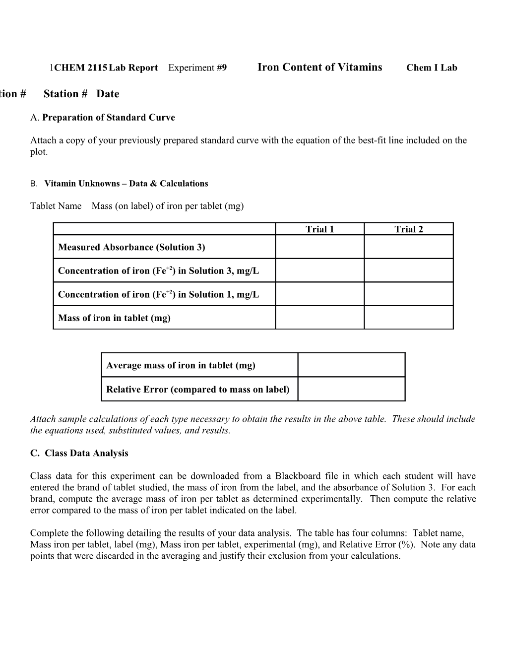 CHEM 2115 Lab Report Experiment #9 Iron Content of Vitamins Chem I Lab