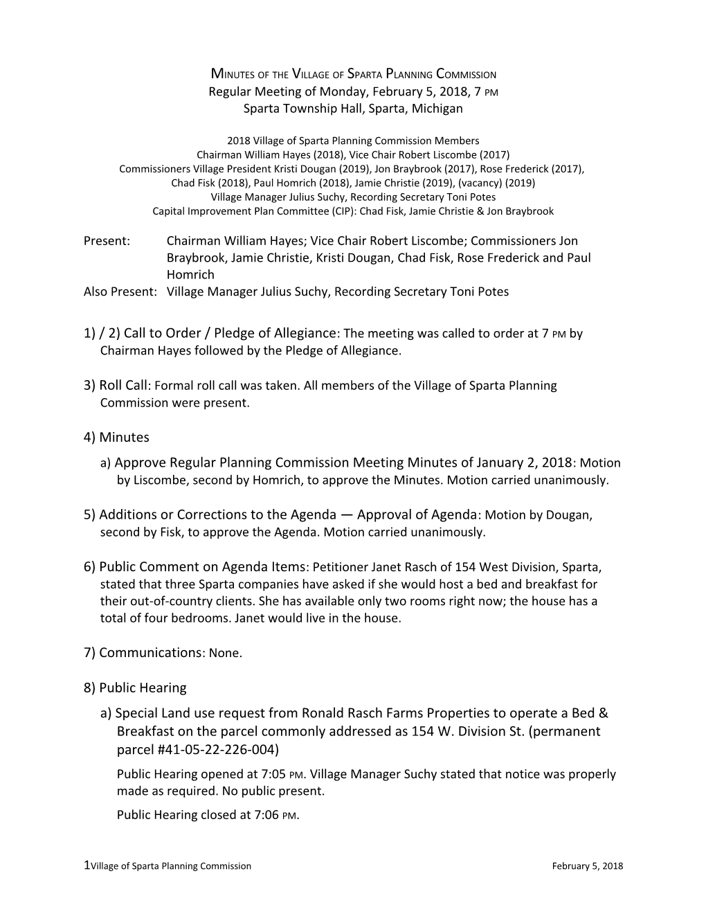 Minutes of the Village of Sparta Planning Commission