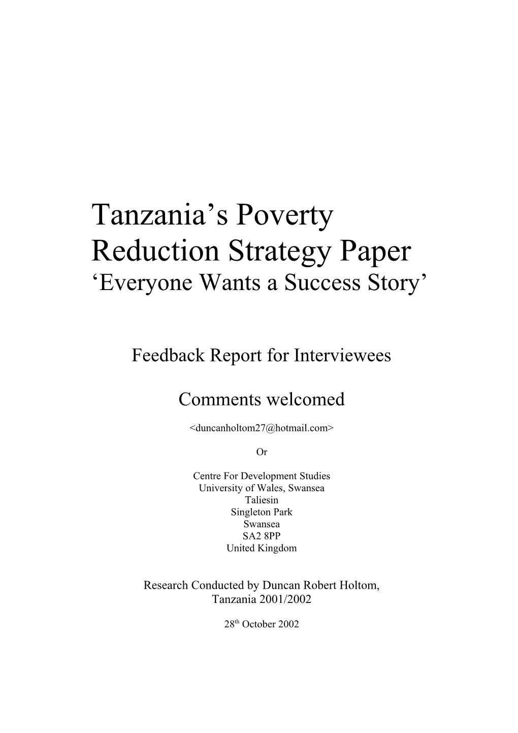 Tanzania S Poverty Reduction Strategy Paper