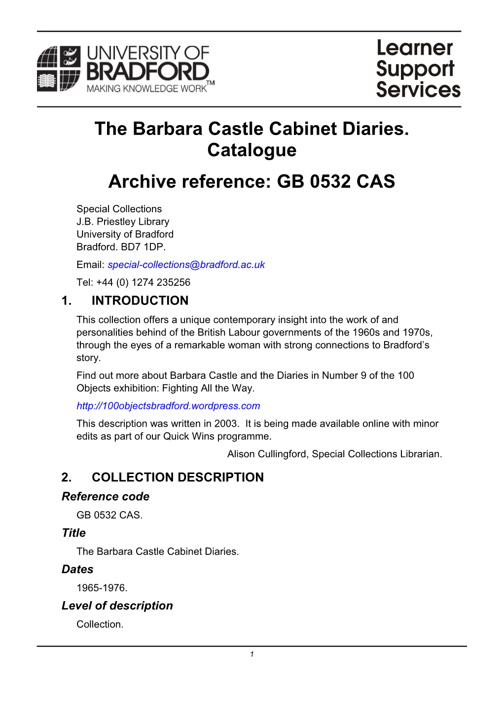 Barbara Castle Cabinet Diaries Description, Special Collections