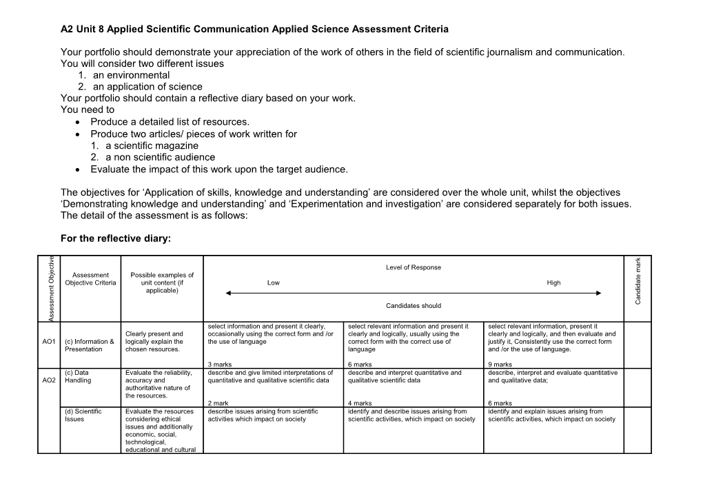 A2 Applied Science Assessment Criteria