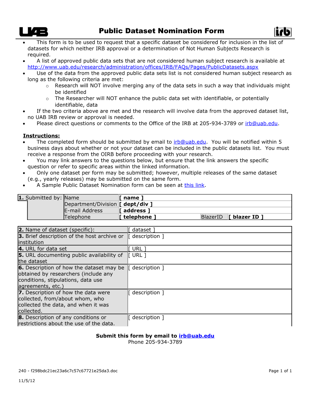 Public Dataset Nomination Form (FOR240)