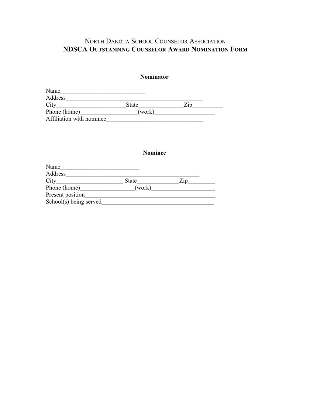 NDSCA Outstanding Counselor Form