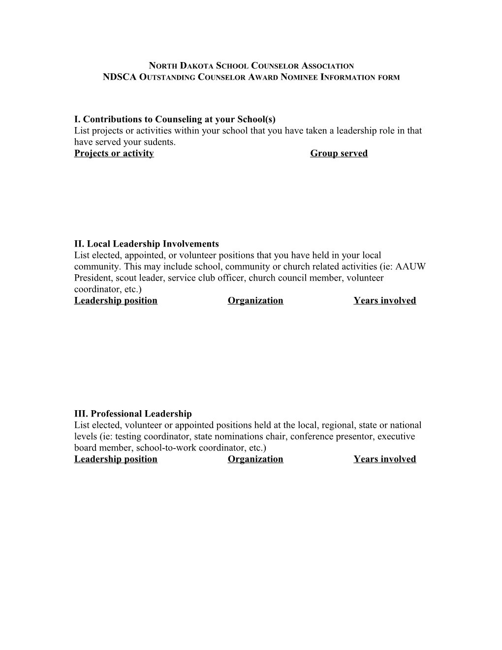 NDSCA Outstanding Counselor Form