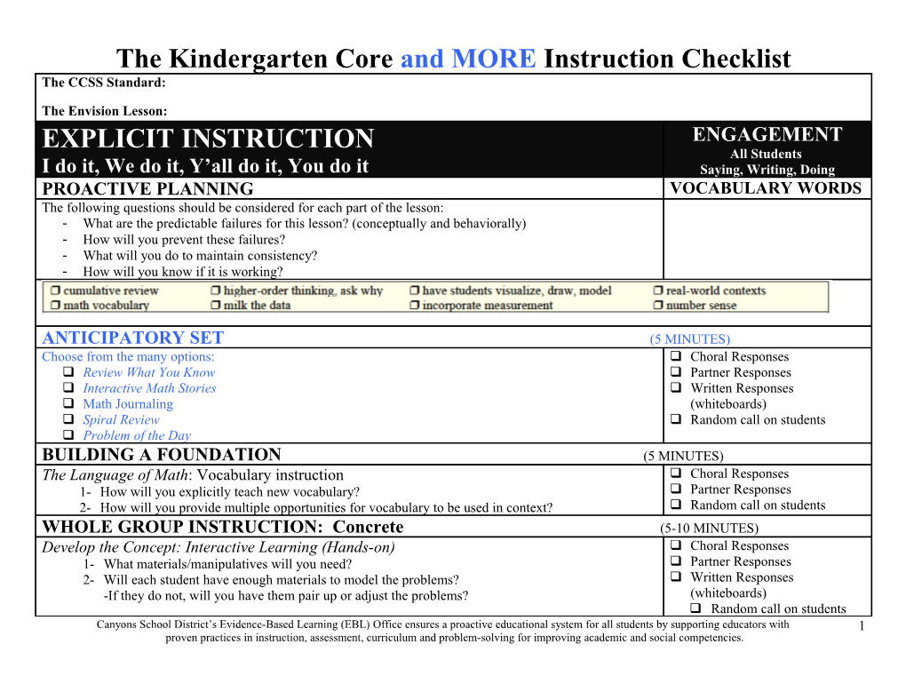The Kindergarten Core and MORE Instruction Checklist