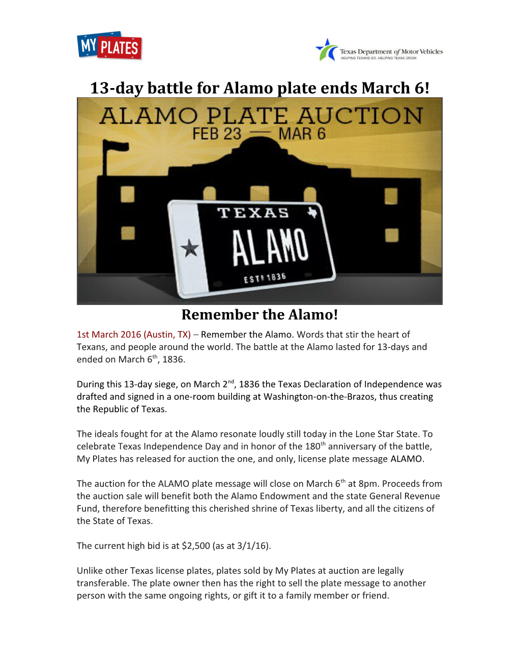 13-Day Battle for Alamo Plate Ends March 6!