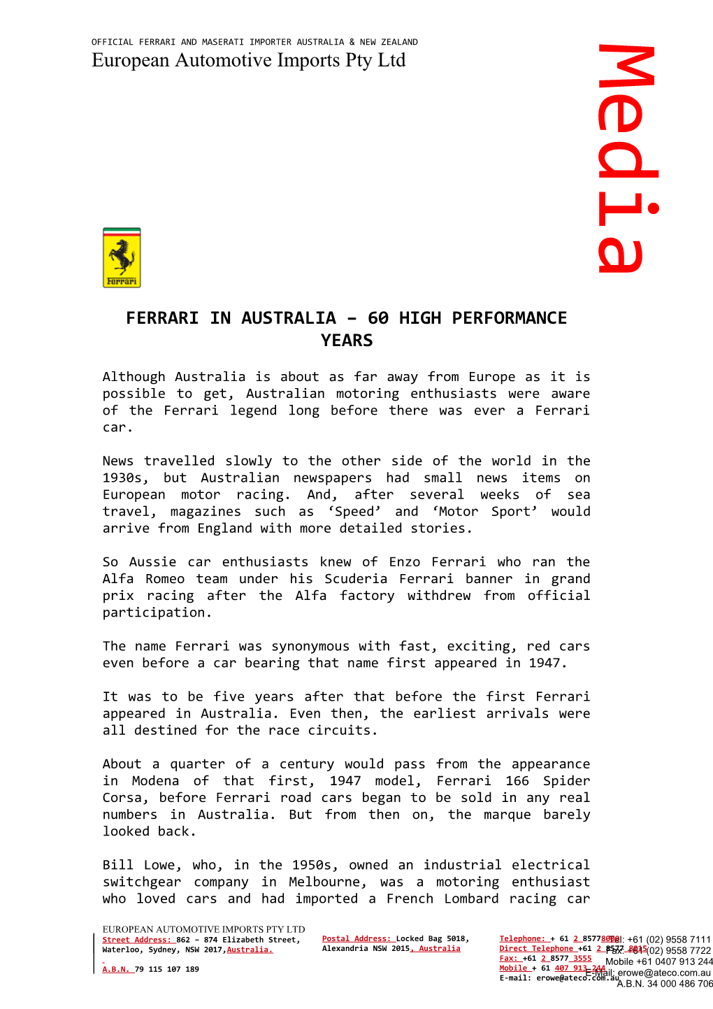 Ferrari in Australia 60 High Performance Years