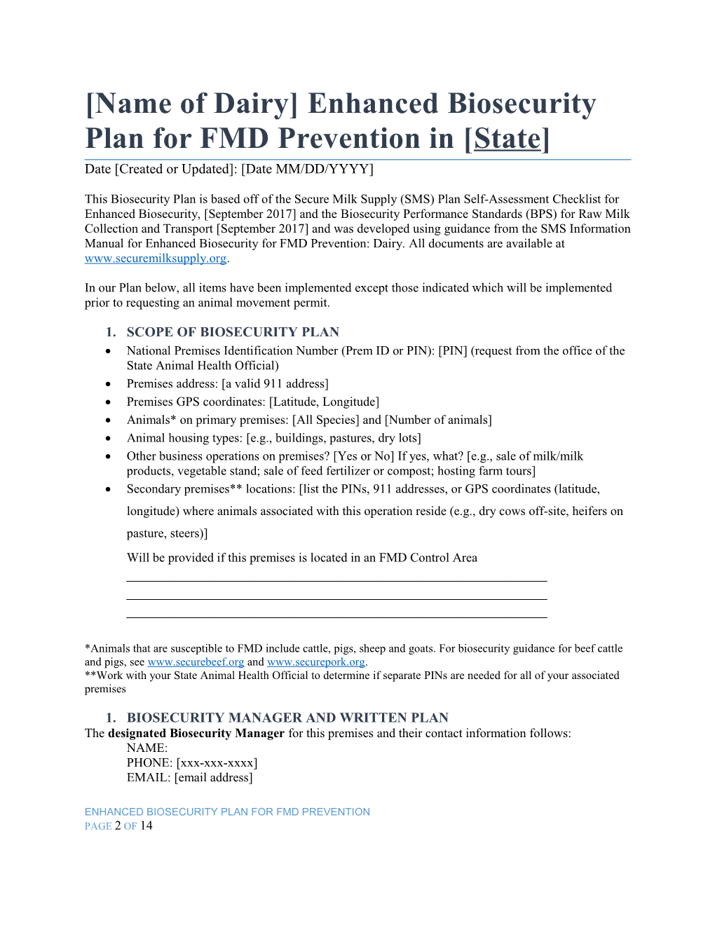 Instruction Page for ENHANCED BIOSECURITY PLAN for FMD PREVENTION TEMPLATE