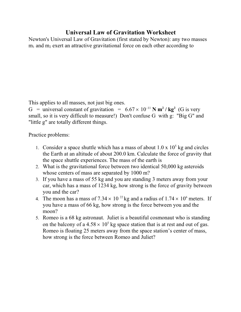 Universal Law of Gravitation Worksheet