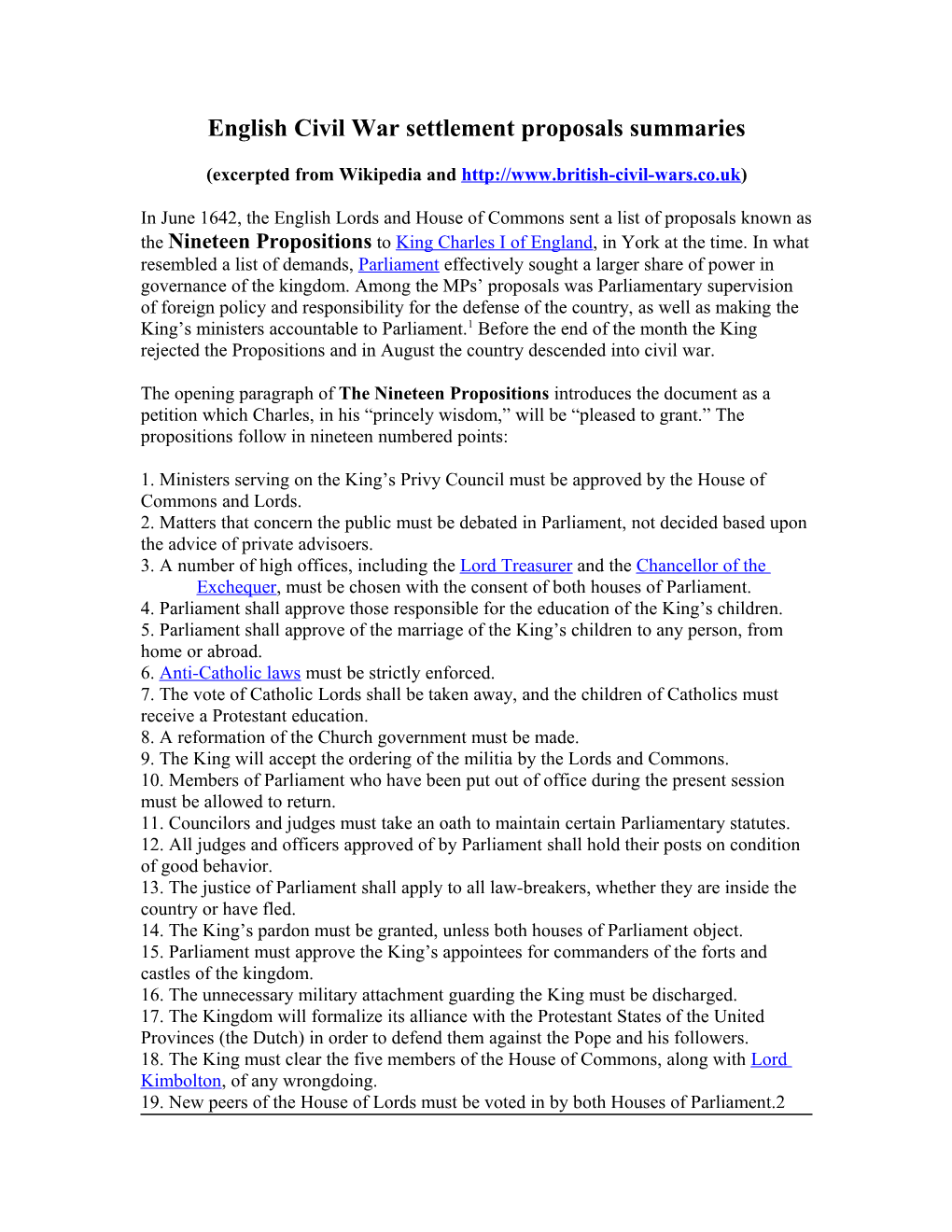 English Civil War Settlement Proposals Summaries