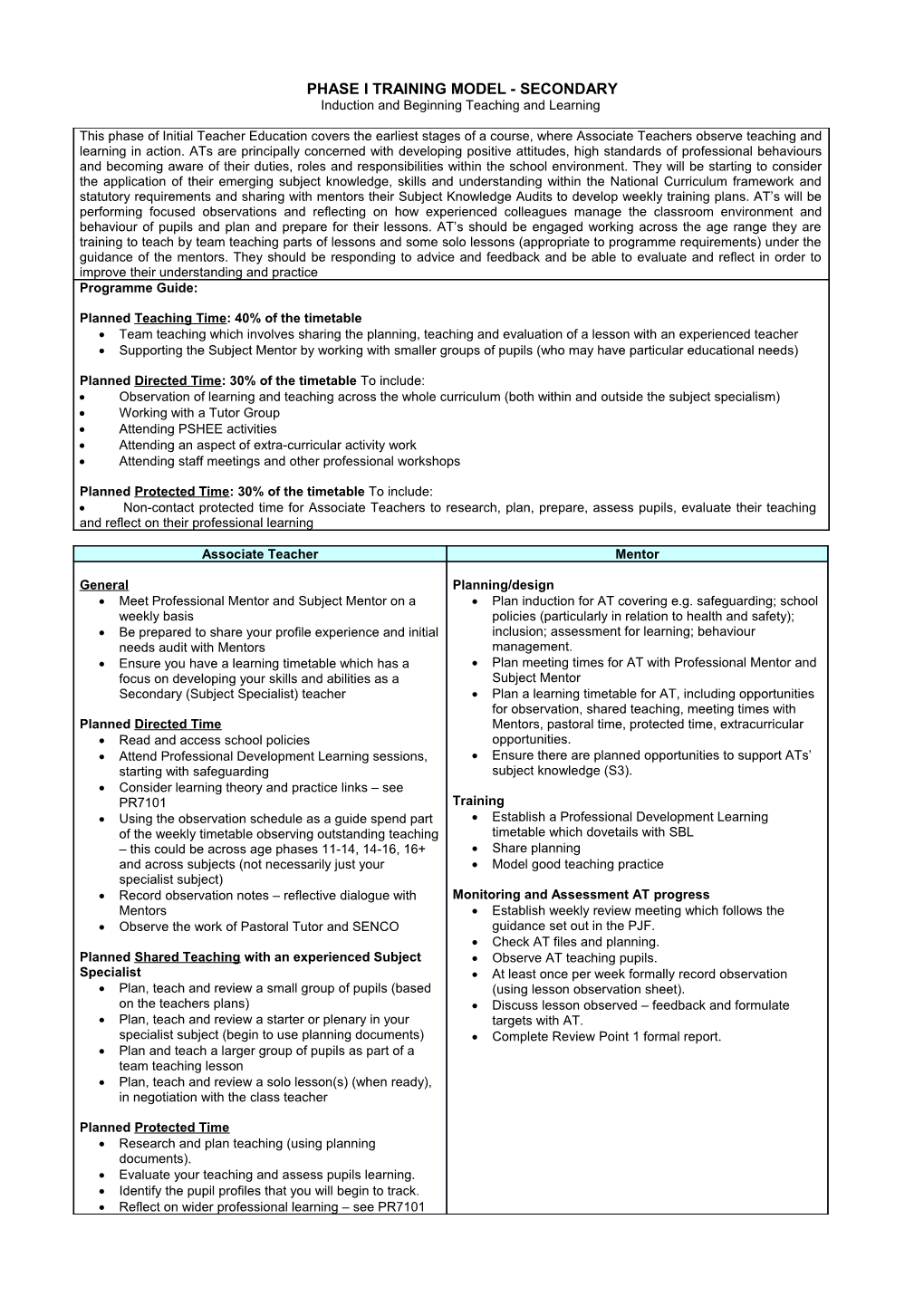 Phase I Training Model- Secondary