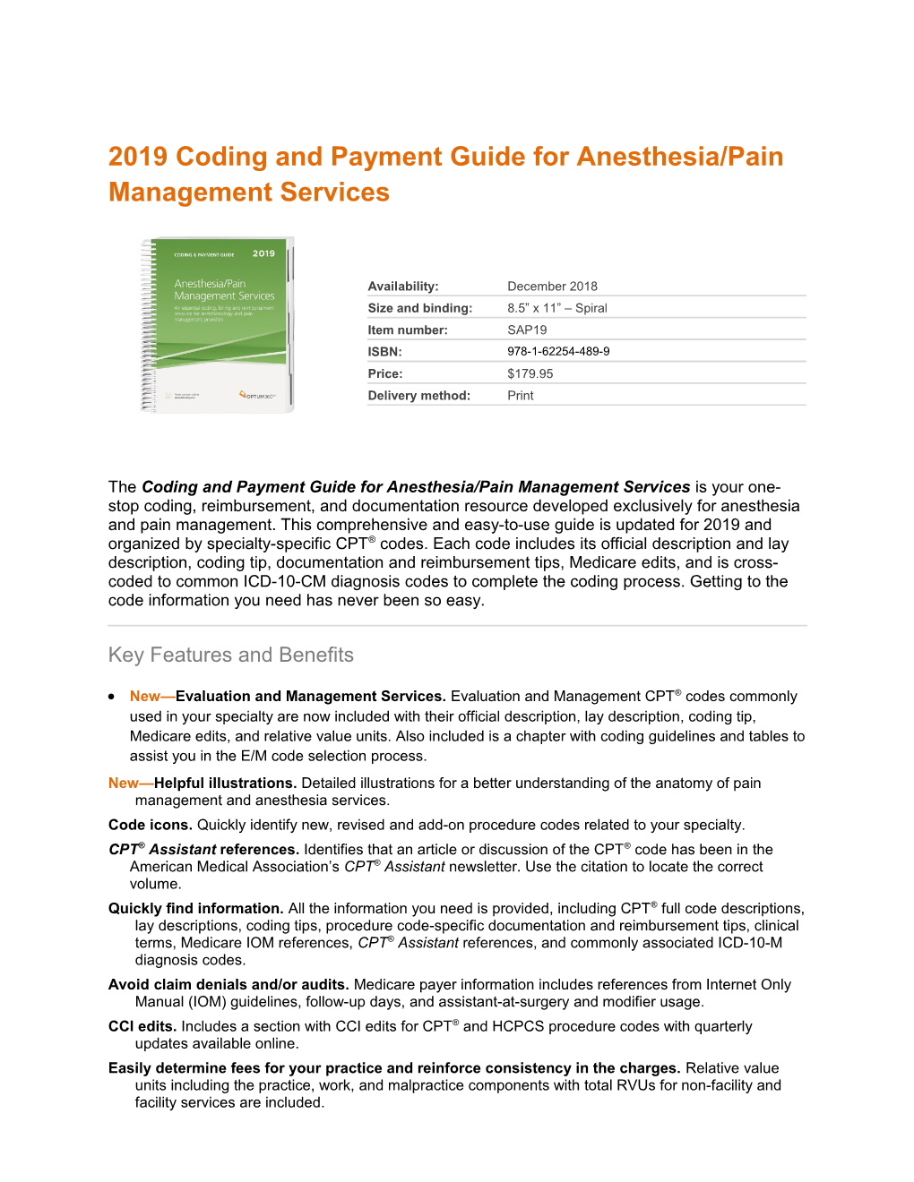 2019 Coding and Payment Guide for Anesthesia/Pain Management Services