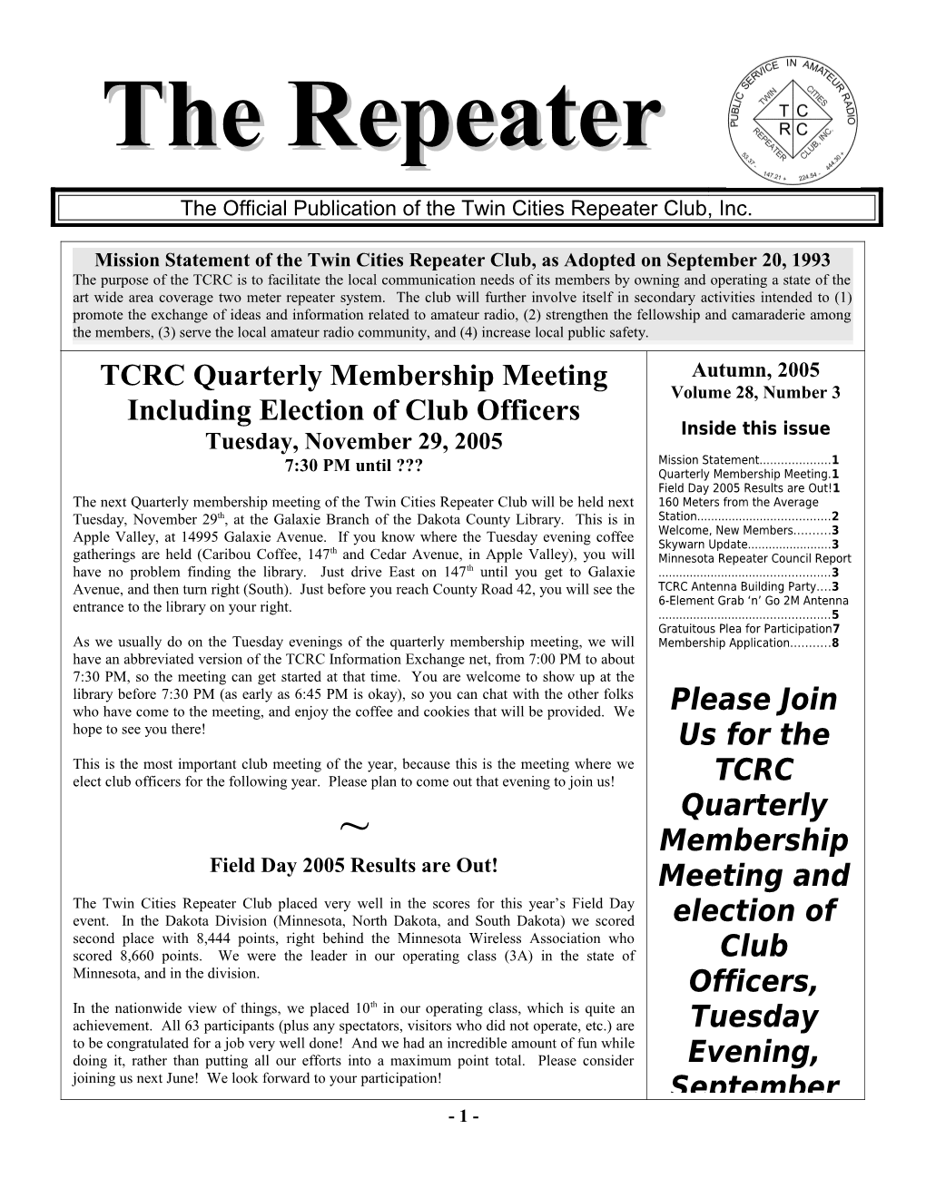 The Official Publication of the Twin Cities Repeater Club, Inc s1