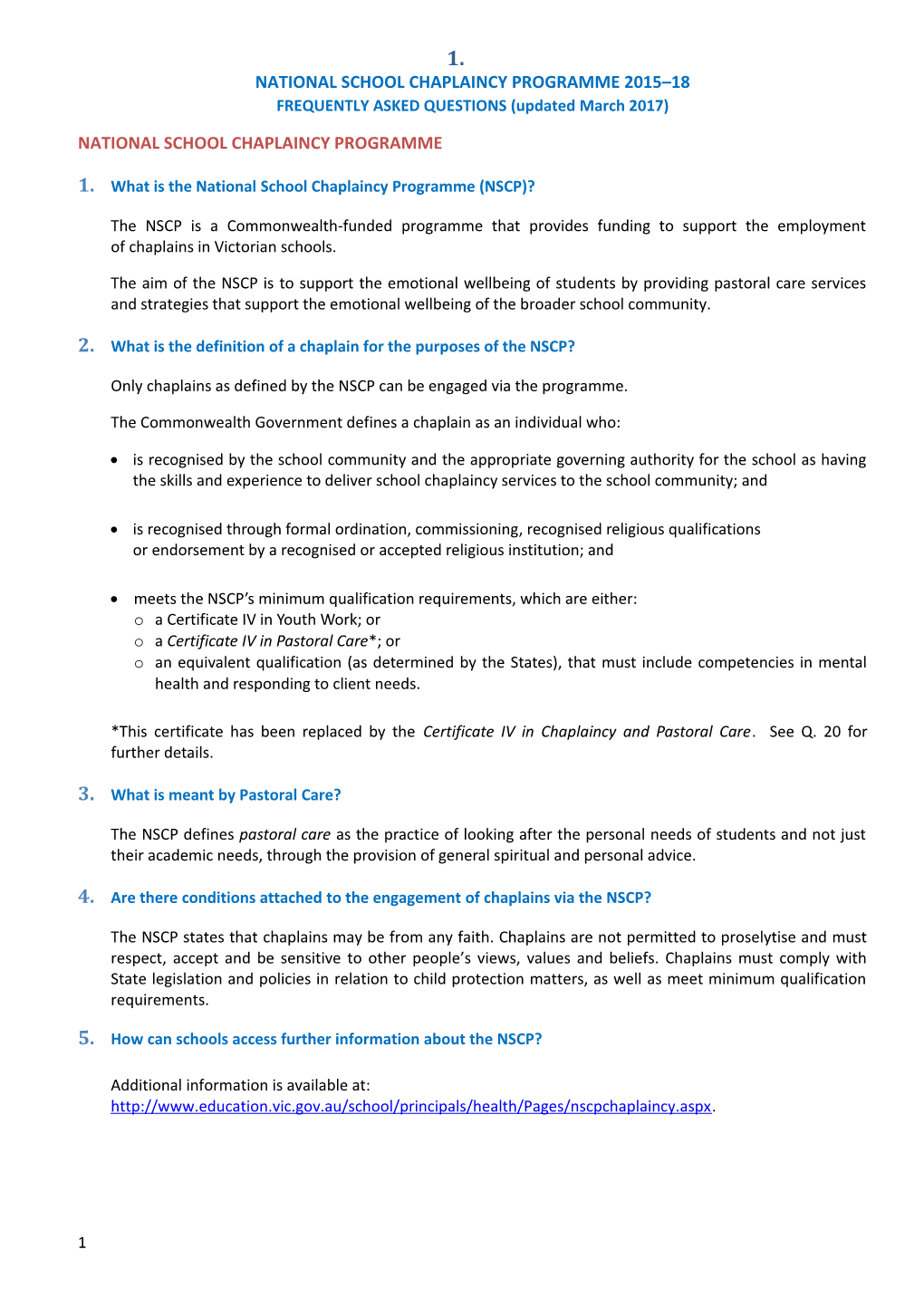 National School Chaplaincy Programme 2015 18