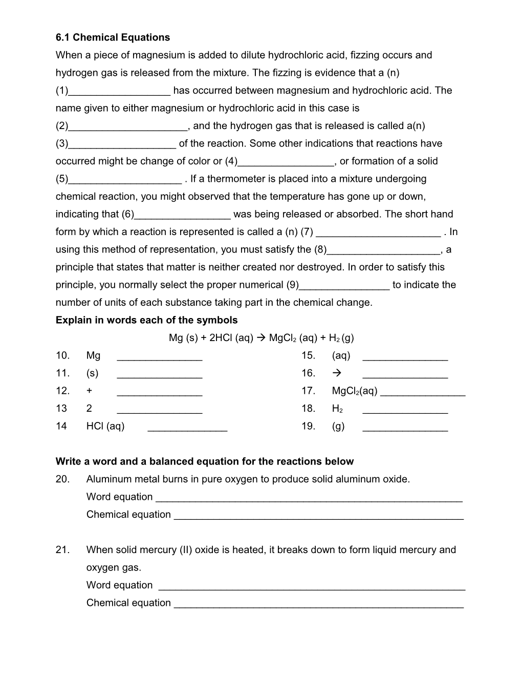 Write a Word and a Balanced Equation for the Reactions Below