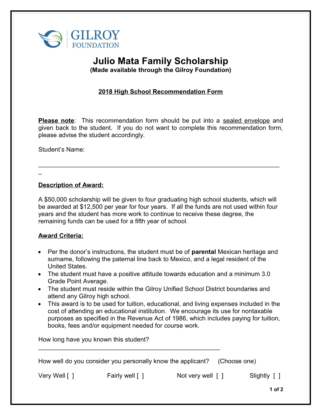 Julio Mata Family Scholarship