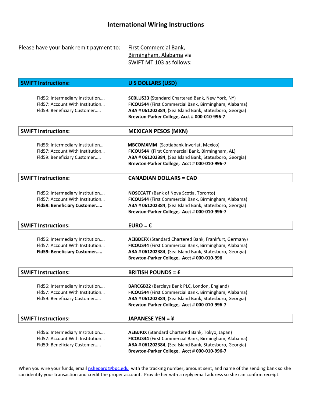 International Wiring Instructions