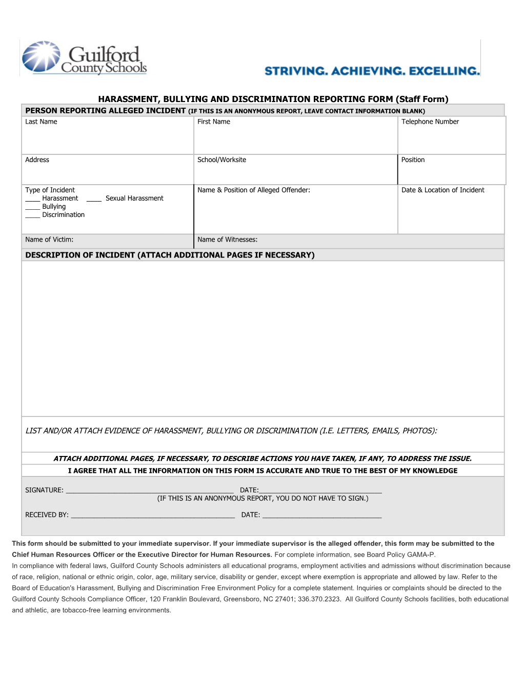 HARASSMENT, BULLYING and DISCRIMINATION REPORTING FORM (Staff Form)