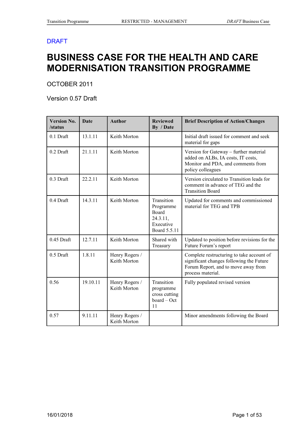 Business Case for the Health and Care Modernisation Transition Programme