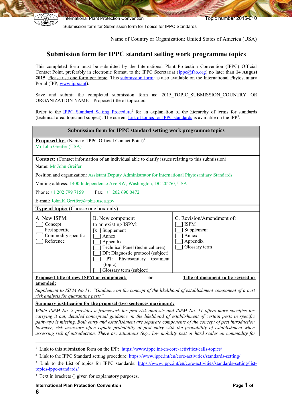 Submission Form for ICPM Work Programme Topics