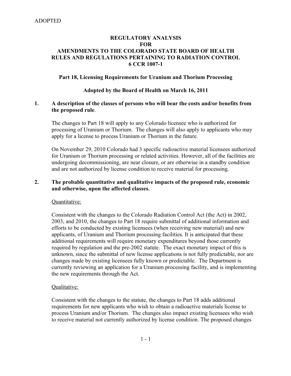 Amendments to the Colorado State Board of Health