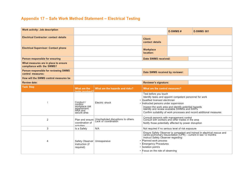 Appendix 17 Safe Work Method Statement Electrical Testing