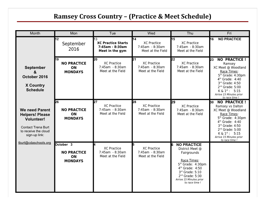 Ramsey Cross Country (Practice & Meet Schedule)