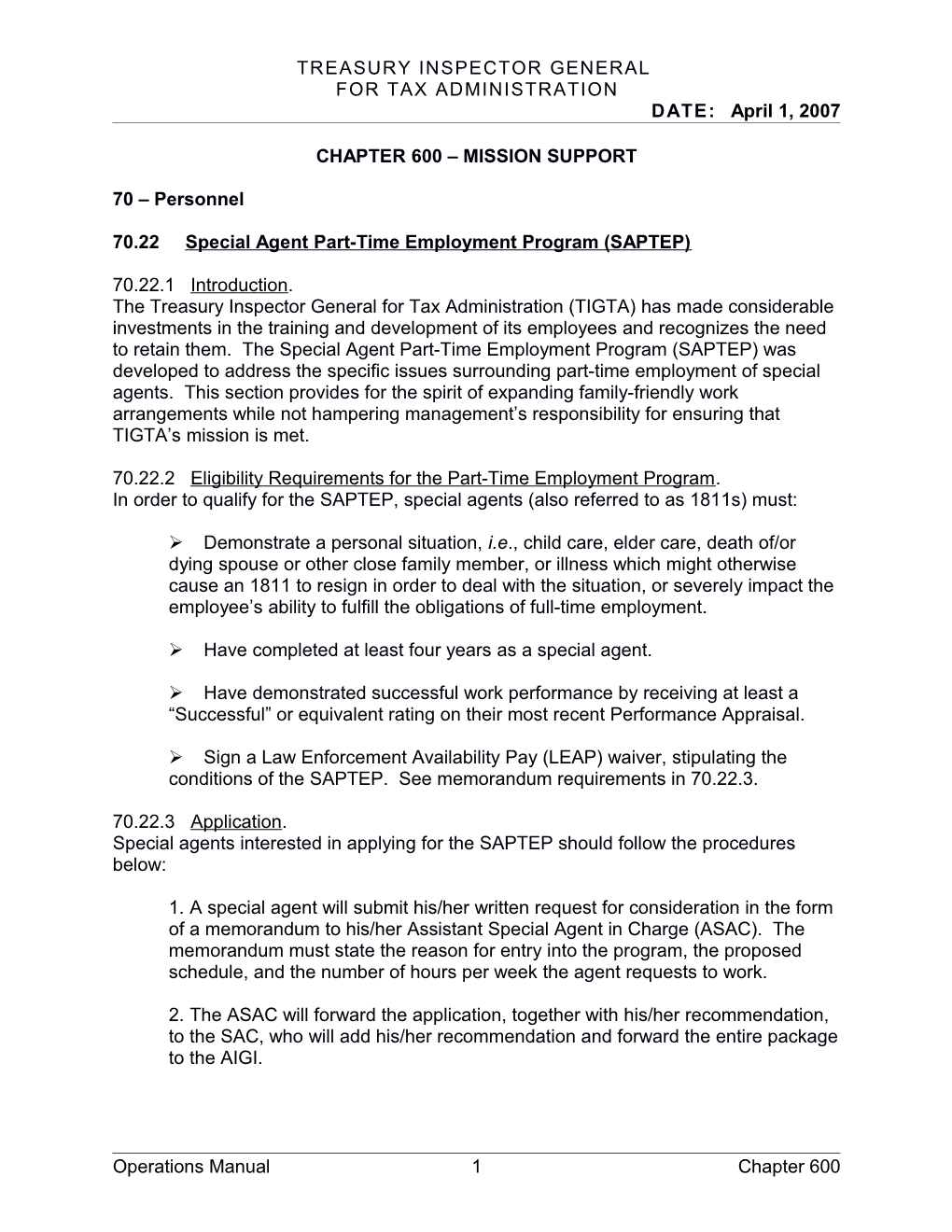 70.22 Special Agent Part-Time Employment Program (SAPTEP)