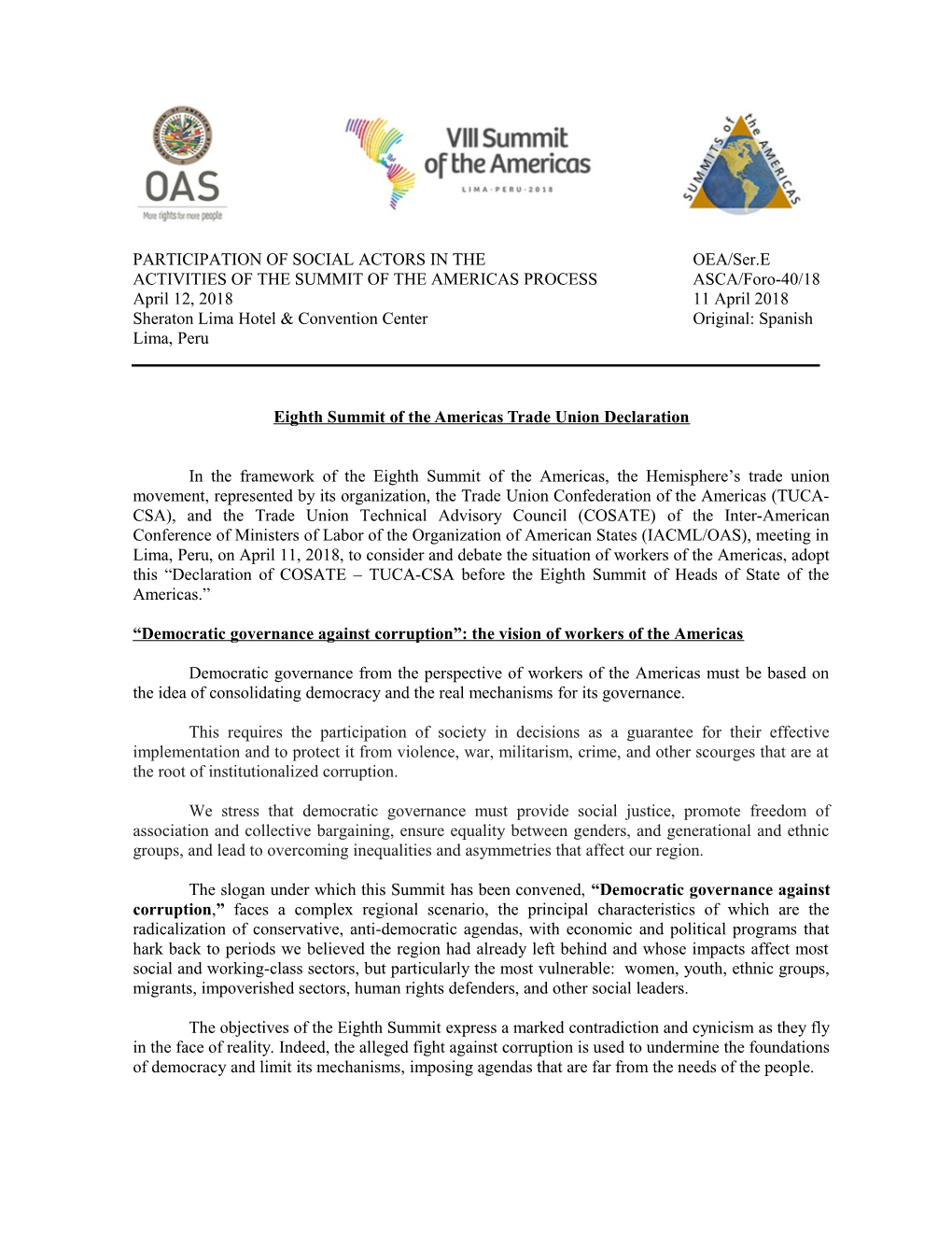 PARTICIPATION of SOCIAL ACTORS in the OEA/Ser.E