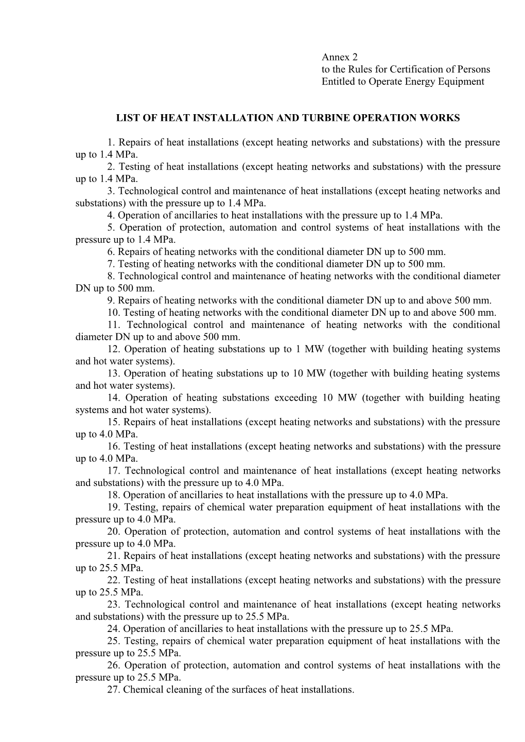 List of Heat Installation and Turbine Operation Works