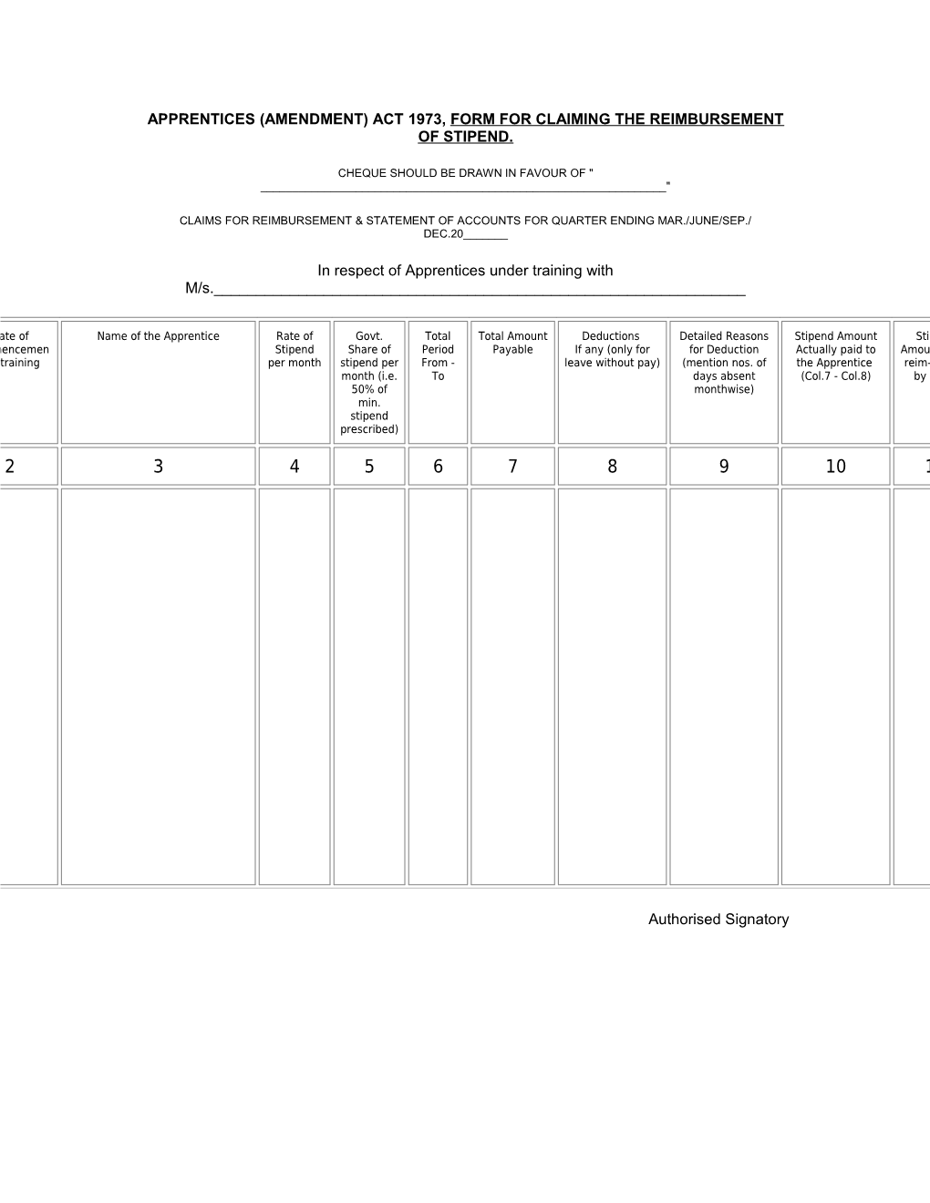 Apprentices (Amendment) Act 1973, Form for Claiming the Reimbursement of Stipend