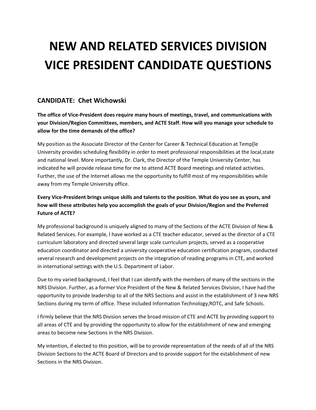 New and Related Services Division Vice President Candidate Questions