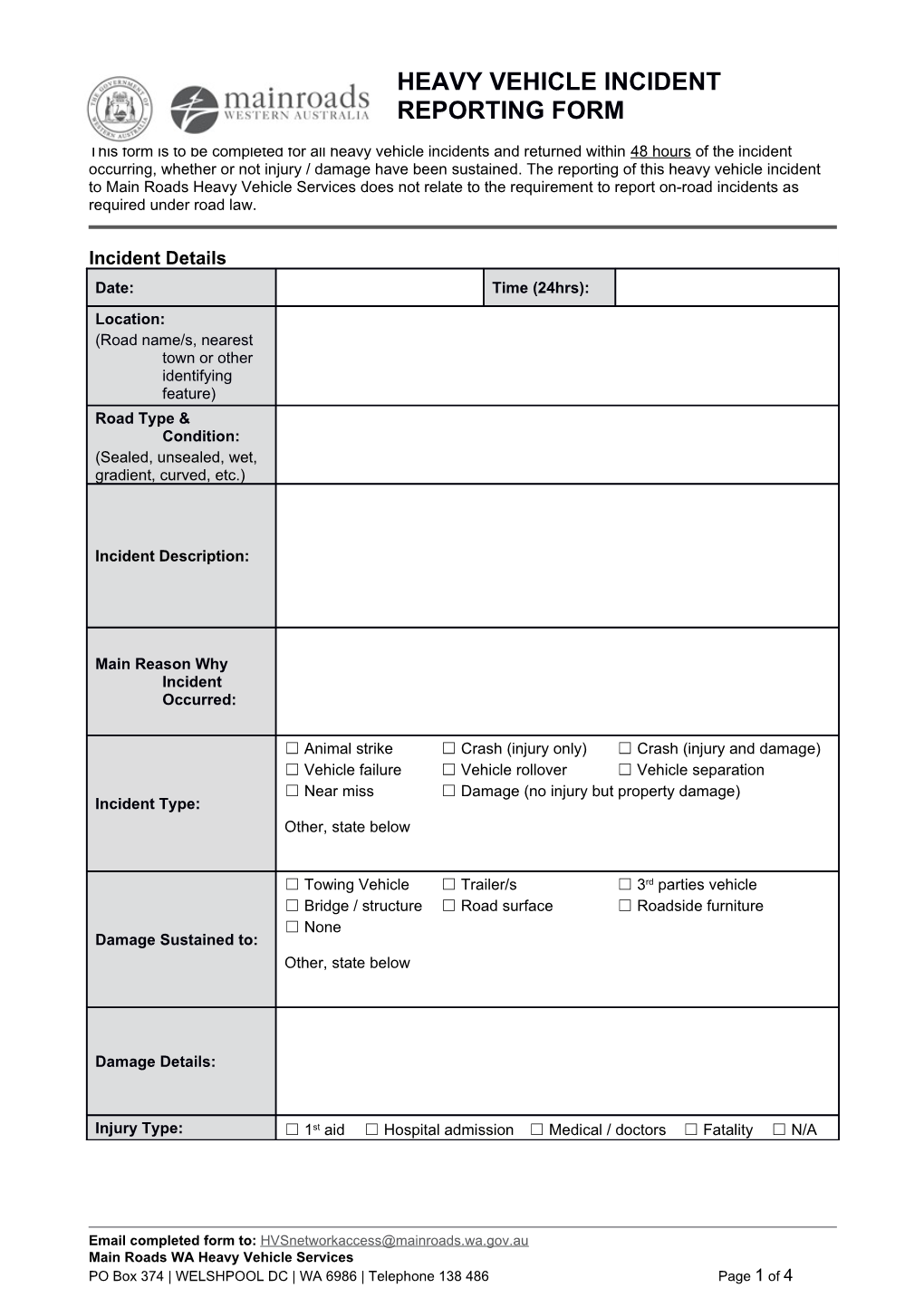 Heavy Vehicle Incident Reporting Form