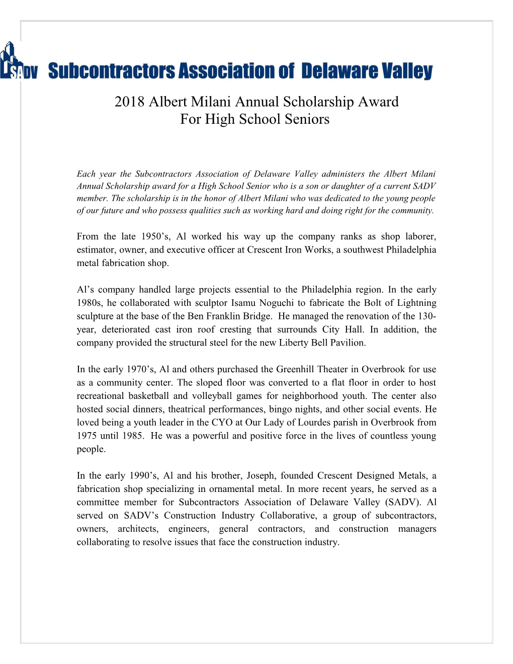 2018 Albert Milani Annual Scholarship Award