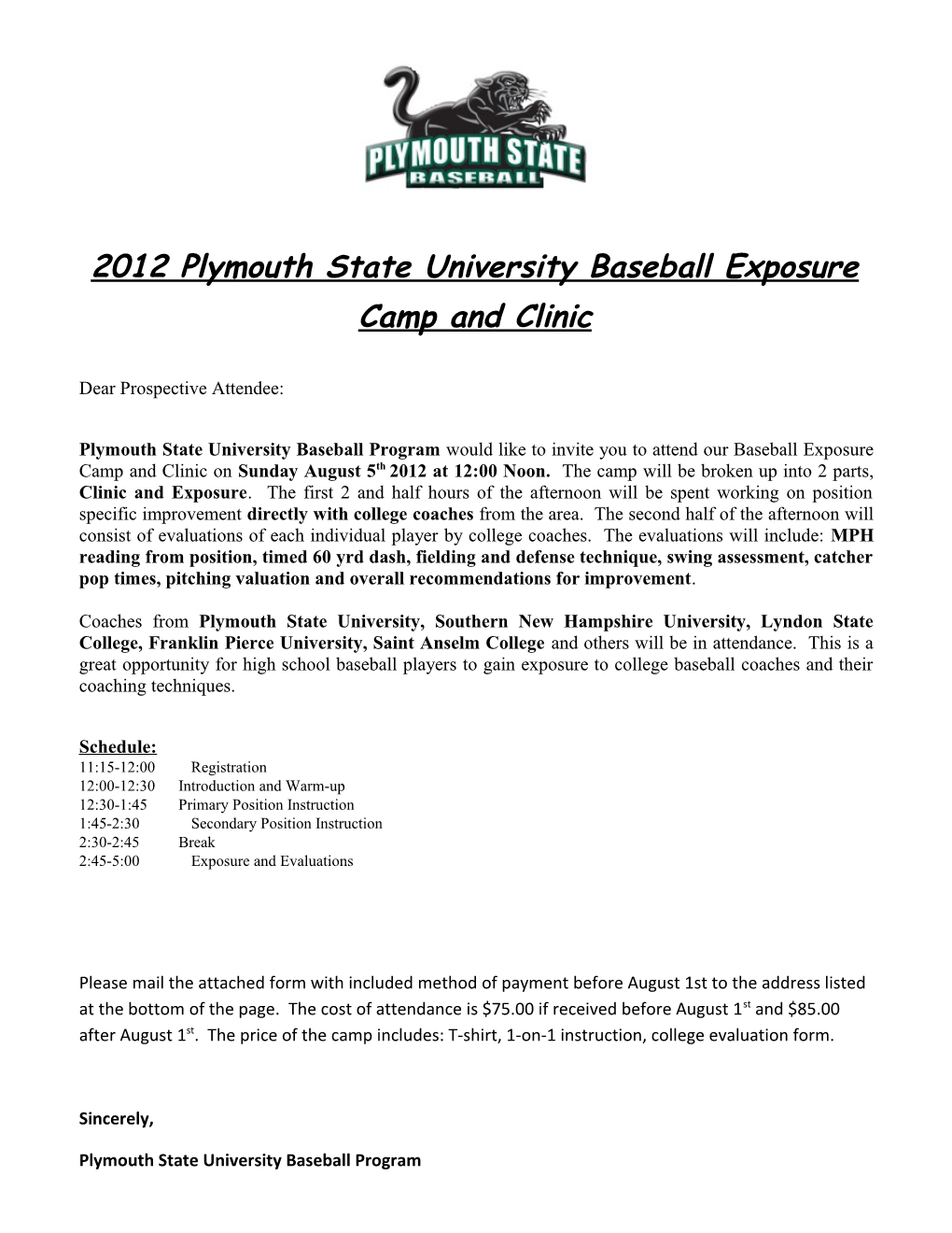 2012 Plymouth State University Baseball Exposure Camp and Clinic